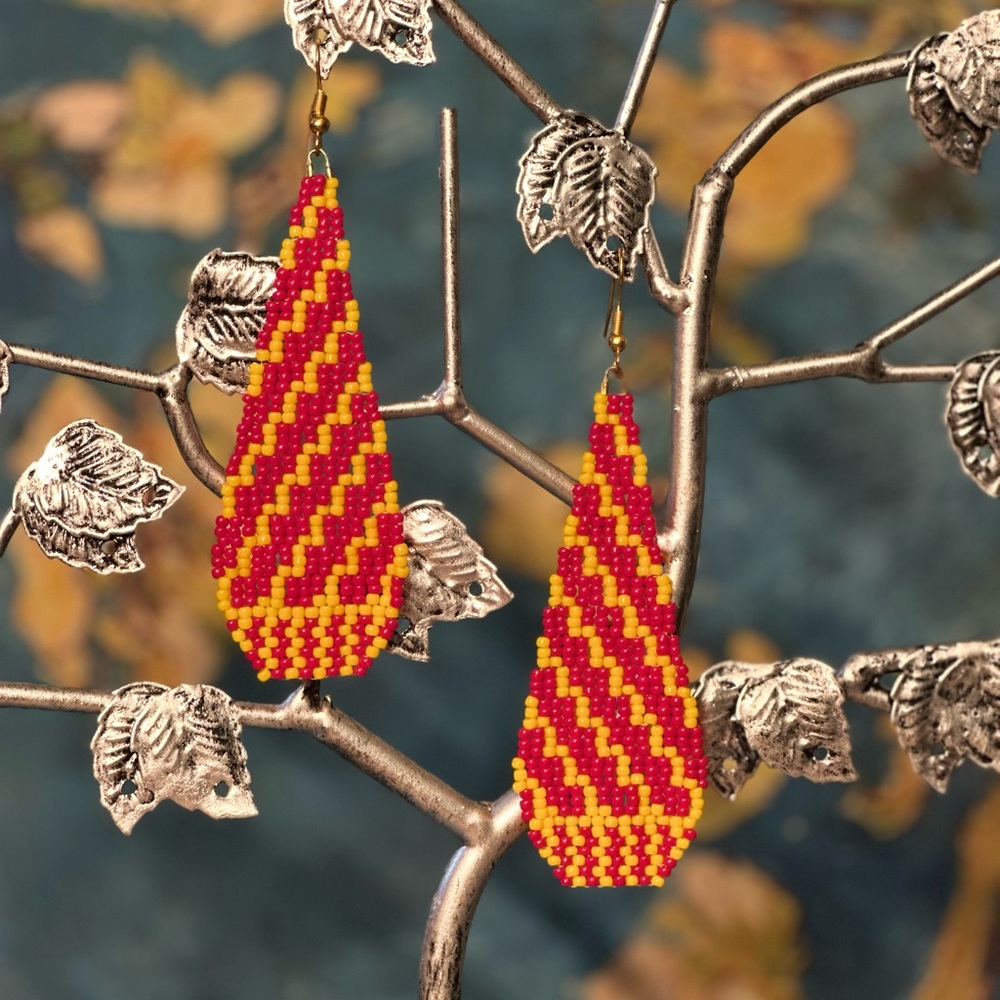 Vibrant Red and Yellow Beaded Earrings